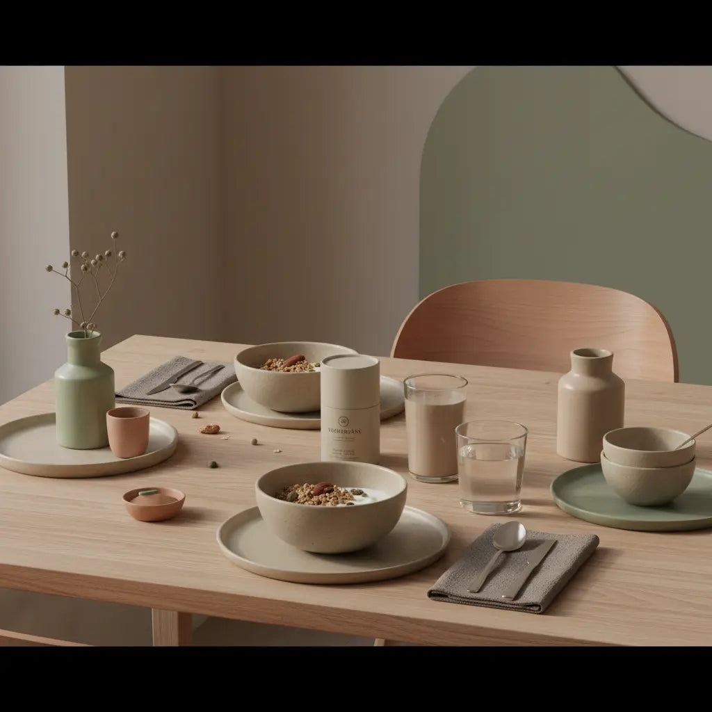 Minimalistischer veganer Frühstückstisch mit Granola, Pflanzenjoghurt, Nüssen und Shake in einer europäischen Küche im Morgenlicht, inspiriert für einen trainingsplan