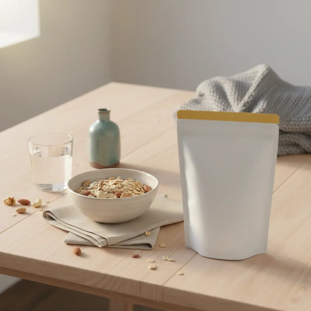 Minimalistische Küchenszene mit Holztisch, Glas Wasser, Schale Müsli, Nüssen und Proteinshake-Flasche – ruhiges Morgenbild für einen Trainingsplan, vegane, nachhaltige Ästhetik.