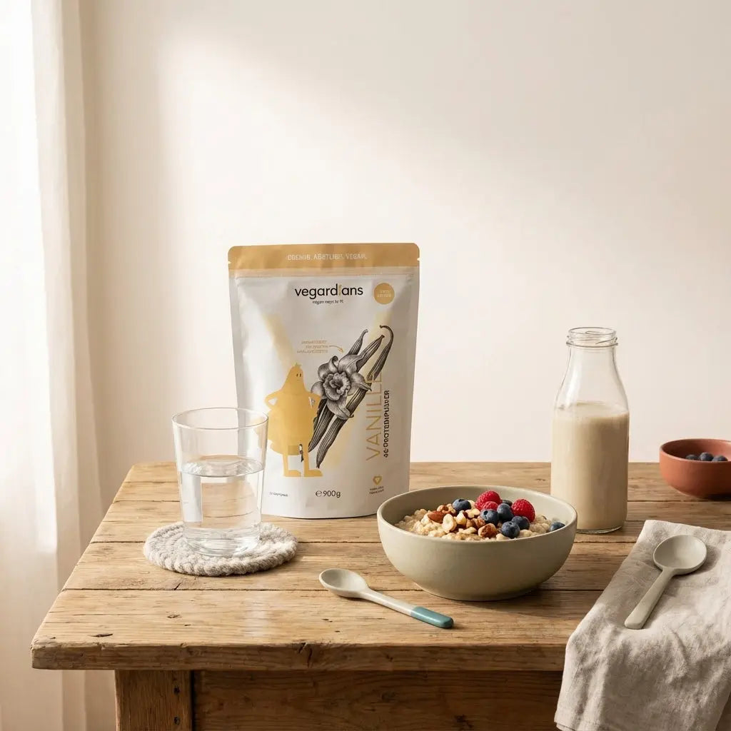 Minimalistische Küchenaufnahme mit Proteinshake, Glas Wasser und Haferflocken als Vorbereitung für trainingsplan muskelaufbau