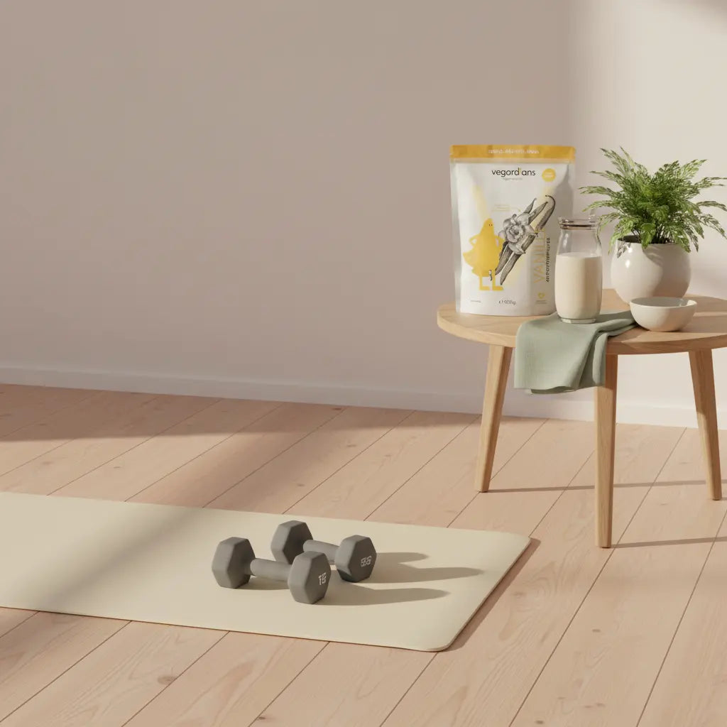 Minimalistische Trainingsszene mit Matte, Kurzhanteln, geschlossenem Shake-Glas und blättriger Pflanze auf Holztisch im Morgenlicht, ideal für Trainingsplan wöchentlich