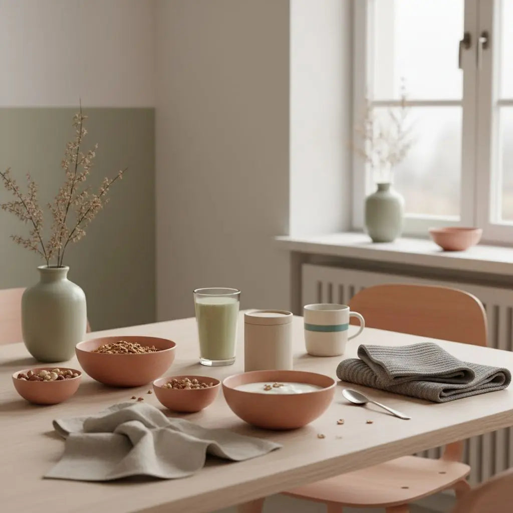 Minimalistisches Frühstück in europäischer Küche mit Granola, Joghurt, Nüssen und Shake auf einem Tisch mit Woll- und Leinen-Texturen in ruhiger, nährender Stimmung, trainingsziele beispiele