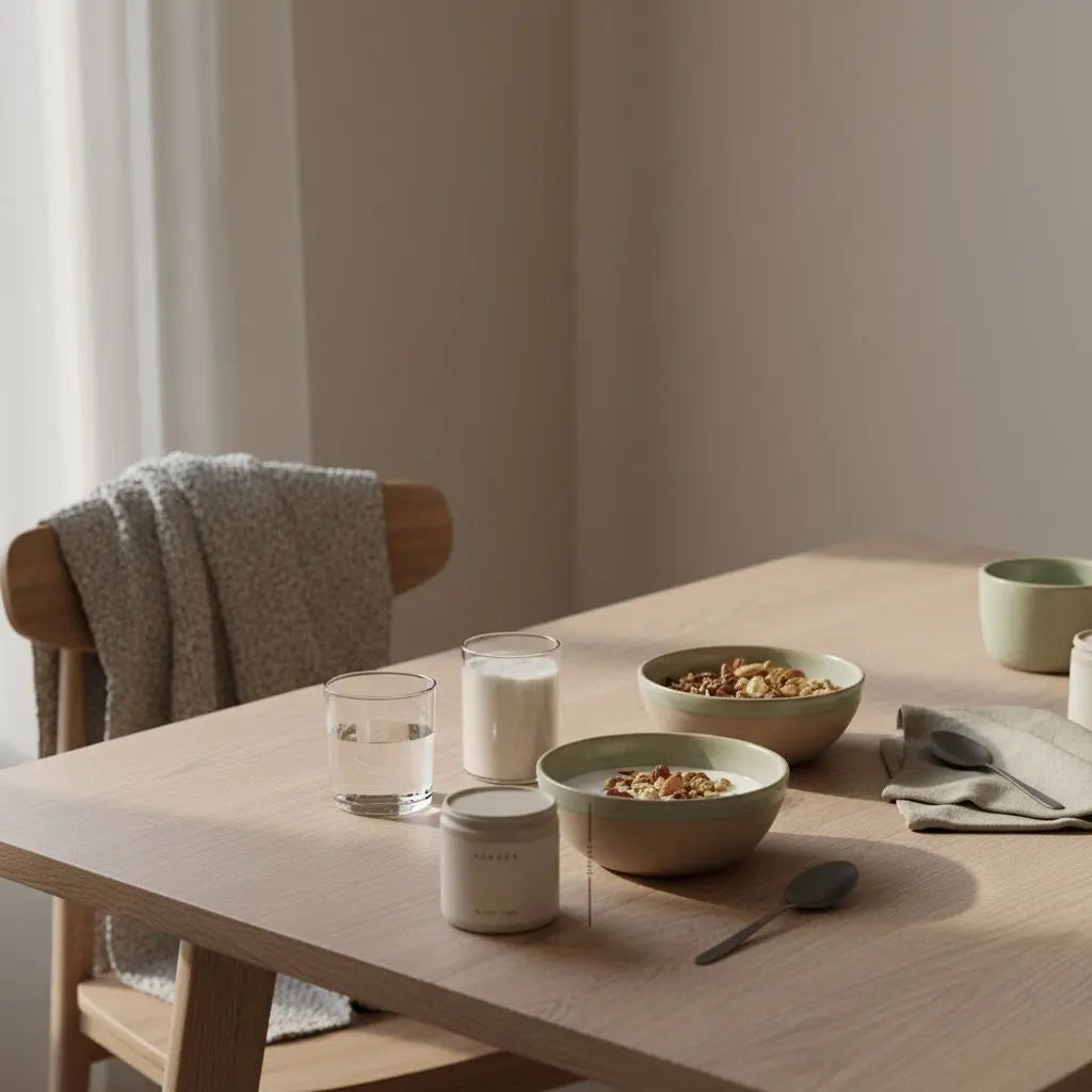 Minimalistisches, nachhaltig gedecktes Frühstück mit Granola, pflanzlichem Joghurt, Nüssen und Shake sowie dem Produkt aus den Referenzfotos auf einem beige-salbeigrünen Tisch – trainingsziele