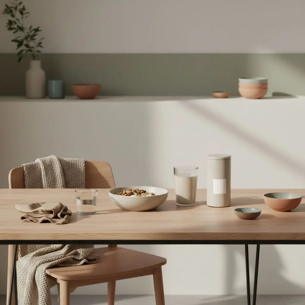 Minimalistisches Frühstück mit Granola, pflanzlichem Joghurt, Nüssen, Shake und dem Produkt auf einem ruhigen Tisch im Morgenlicht – nährend und ideal für trainingsziele.