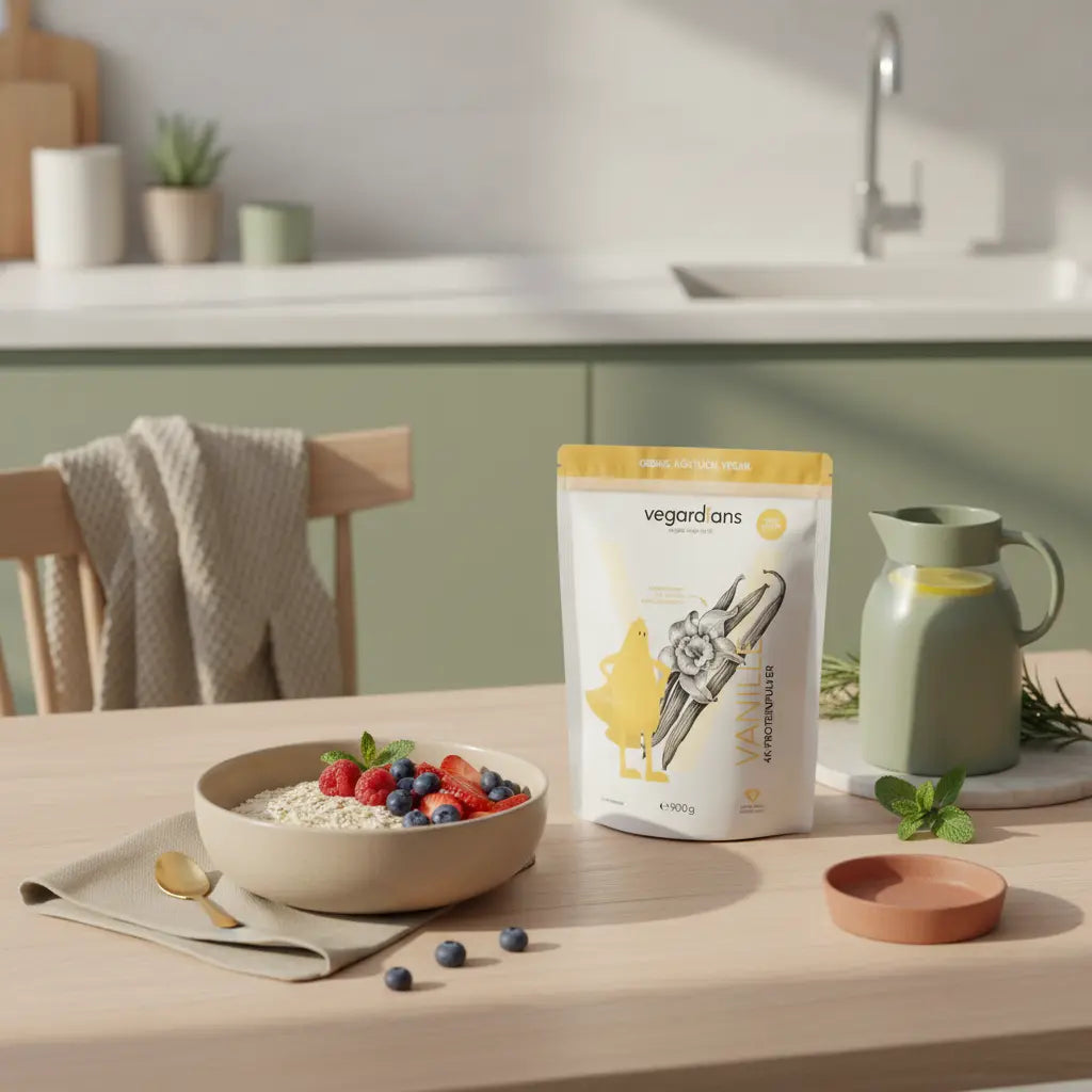 Morgendliches veganes Frühstück auf minimalistischem Küchentisch mit geschlossenem Produktglas im Fokus – Thema Übersäuerung und bewusste Ernährung.