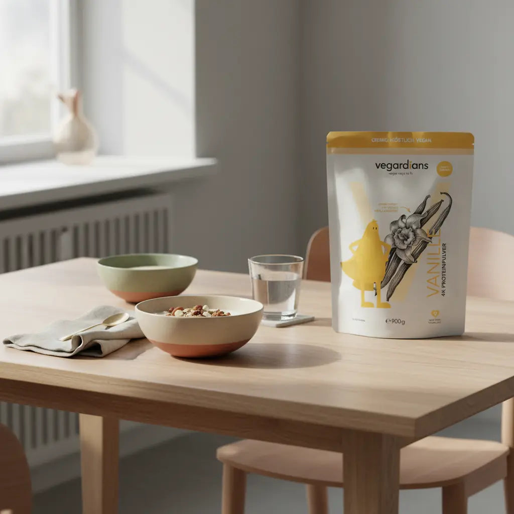 Veganer Frühstückstisch mit Müsli, pflanzlichem Joghurt, Nüssen und Wasser in salbei/beige Tönen – Thema Übersäuerung Gewichtszunahme