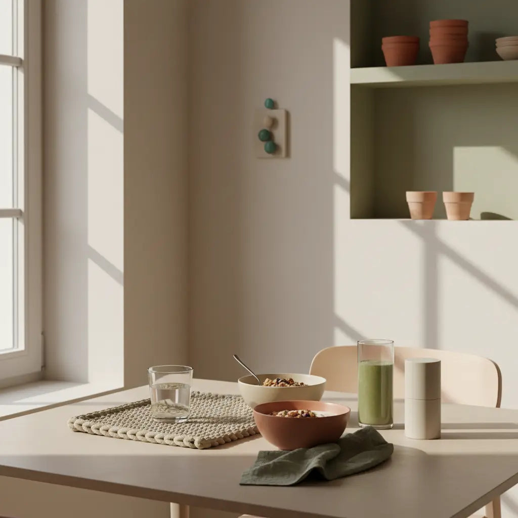 Veganer Frühstückstisch mit Granola, pflanzlichem Joghurt, Nüssen und Shake im sanften Morgenlicht; ruhige, nährende Stimmung und Achtsamkeit statt Übertraining.