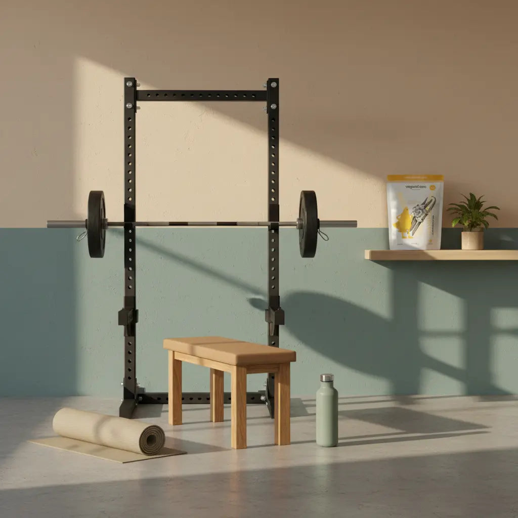 Ruhige Fitnessstudio-Szene im warmen Morgenlicht ohne Personen mit Hantelbank, Langhantel, aufgerollter Trainingsmatte und Wasserflasche auf Holzregal. Übungen Rücken Gym