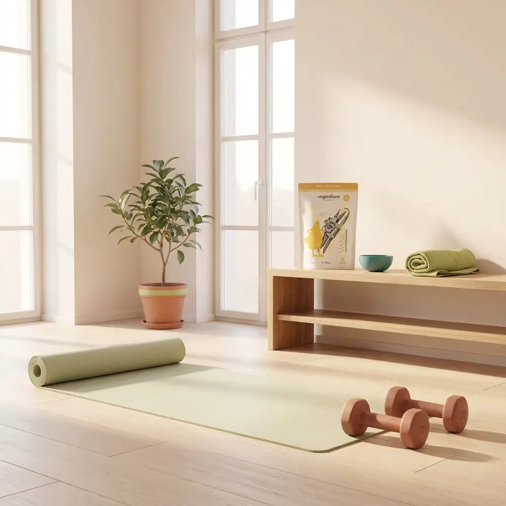 Minimalistische Heimtraining-Szene mit Matte, Kurzhanteln und geordneter Ablage im Morgenlicht, ruhige erdige Farbpalette und dezente Vegardians-Akzente, Übungen pro Training