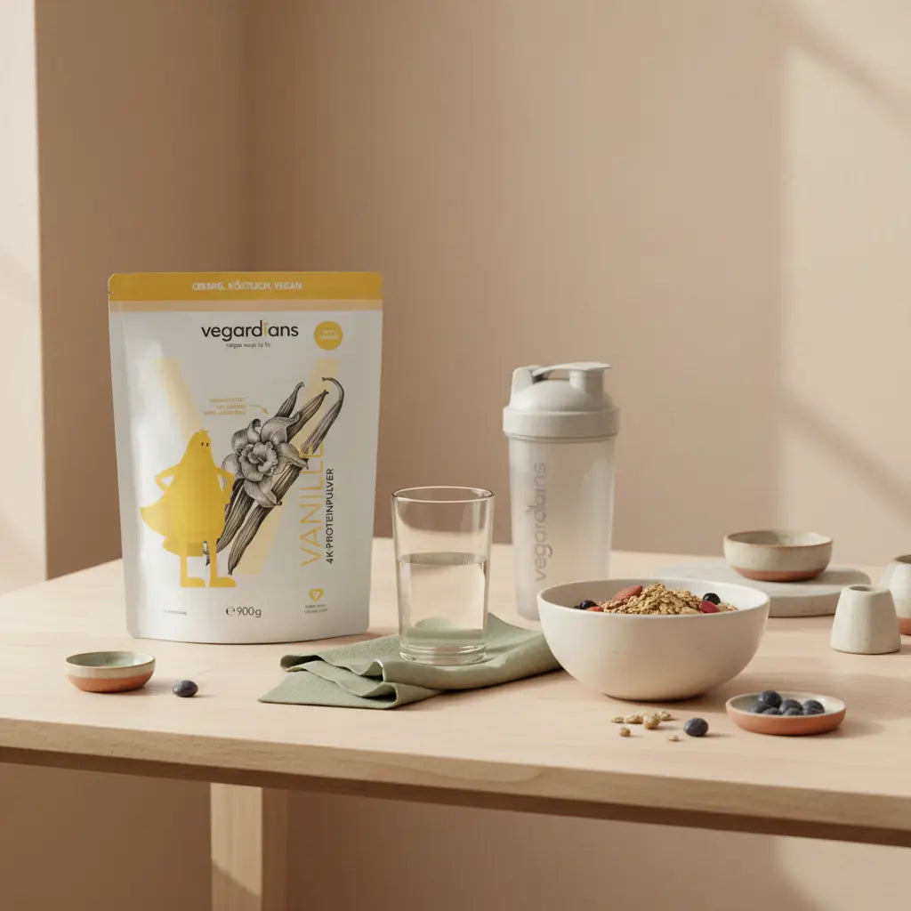 Veganes Frühstück auf nachhaltigem Holztisch mit Glas Wasser, Müsli, Nüssen und Proteinshake sowie dem Produkt aus den Referenzfotos – Unterbauch trainieren