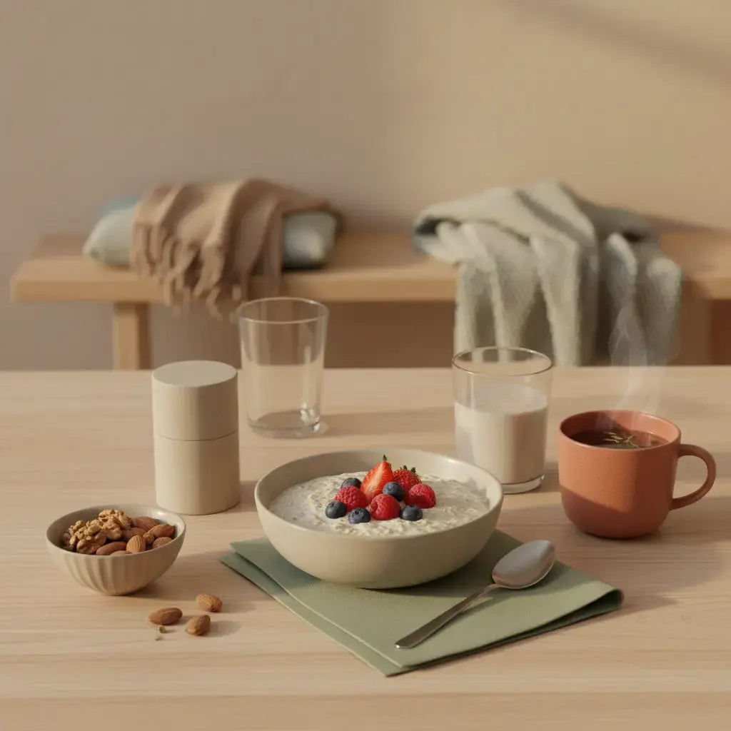 Minimalistische Frühstücksszene mit Hafer-Bowl, pflanzlichem Joghurt, Nüssen, Proteinshake und dem Produkt aus den Referenzfotos auf nachhaltigem Holztisch – vegan abnehmen.