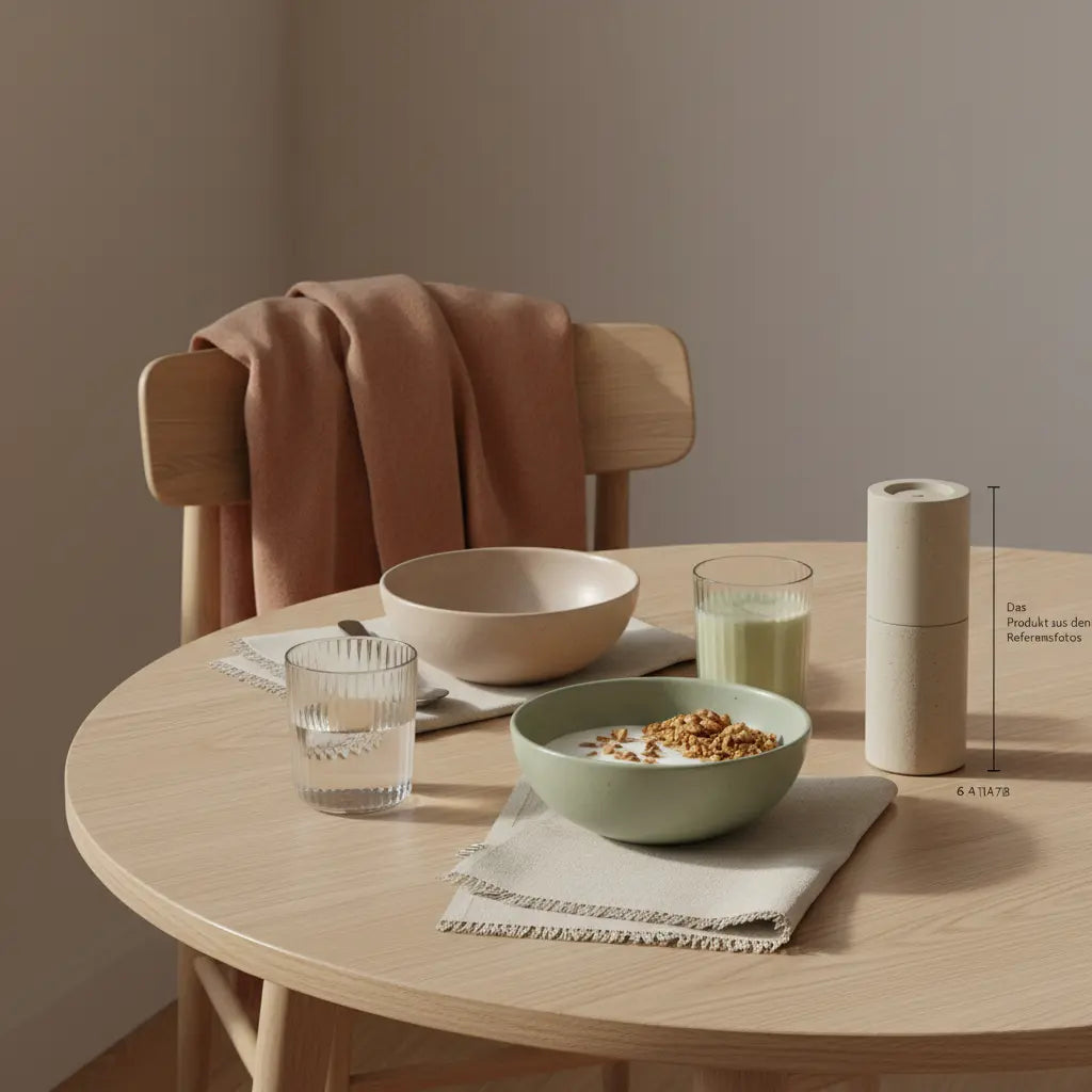 Veganer Frühstückstisch mit Granola, Joghurt, Nüssen und Shake neben dem Produkt aus den Referenzfotos – vegan muskeln aufbauen