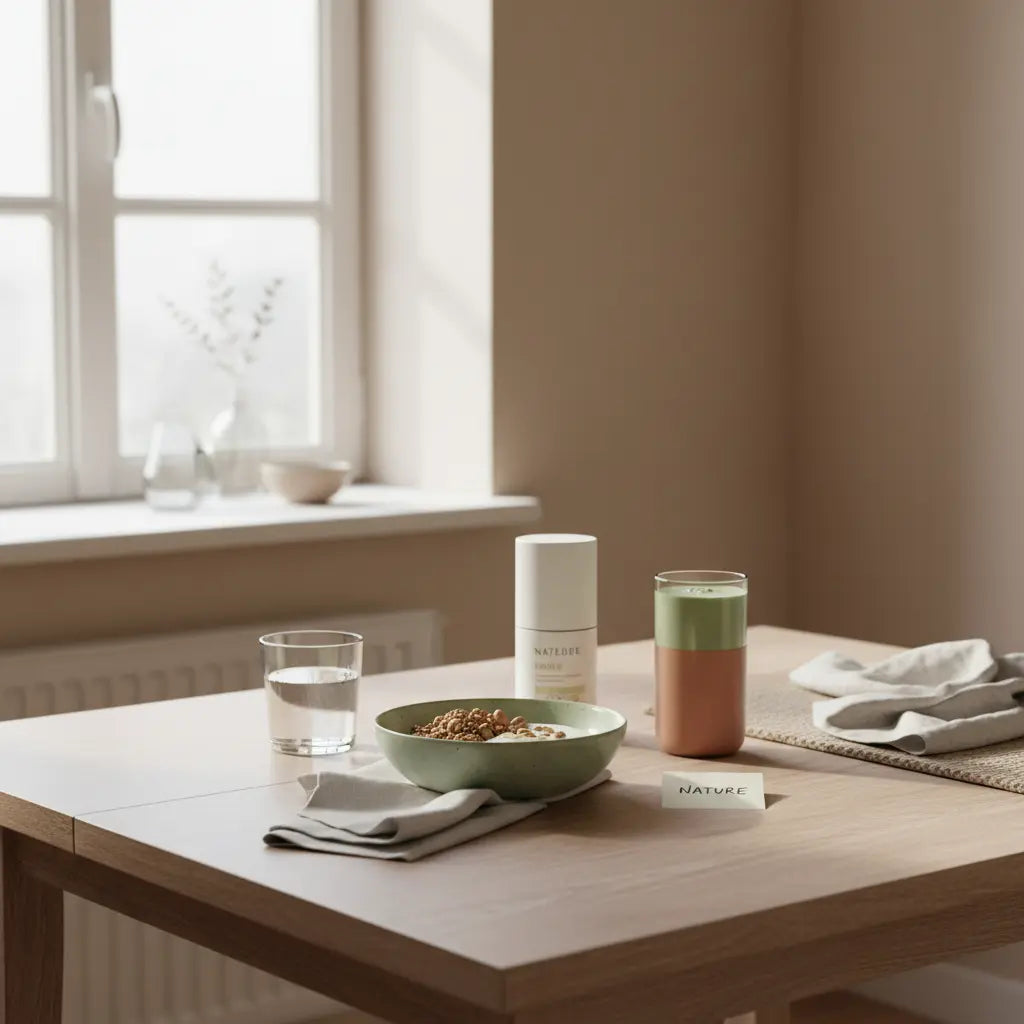 Minimalistische Frühstücksszene mit Granola, Joghurt, Nüssen, Shake und dem Produkt aus den Referenzfotos als vegane Creatin Alternative auf einem nachhaltigen Tisch.