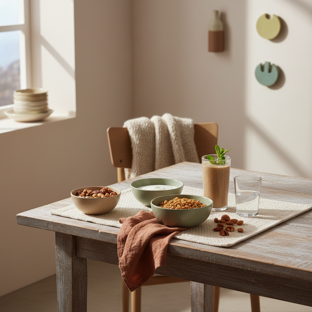 Minimalistisches Frühstück mit Granola, pflanzlichem Joghurt, Nüssen und Shake als vegane eiweißquellen auf nachhaltigem Tisch in heller europäischer Küche.