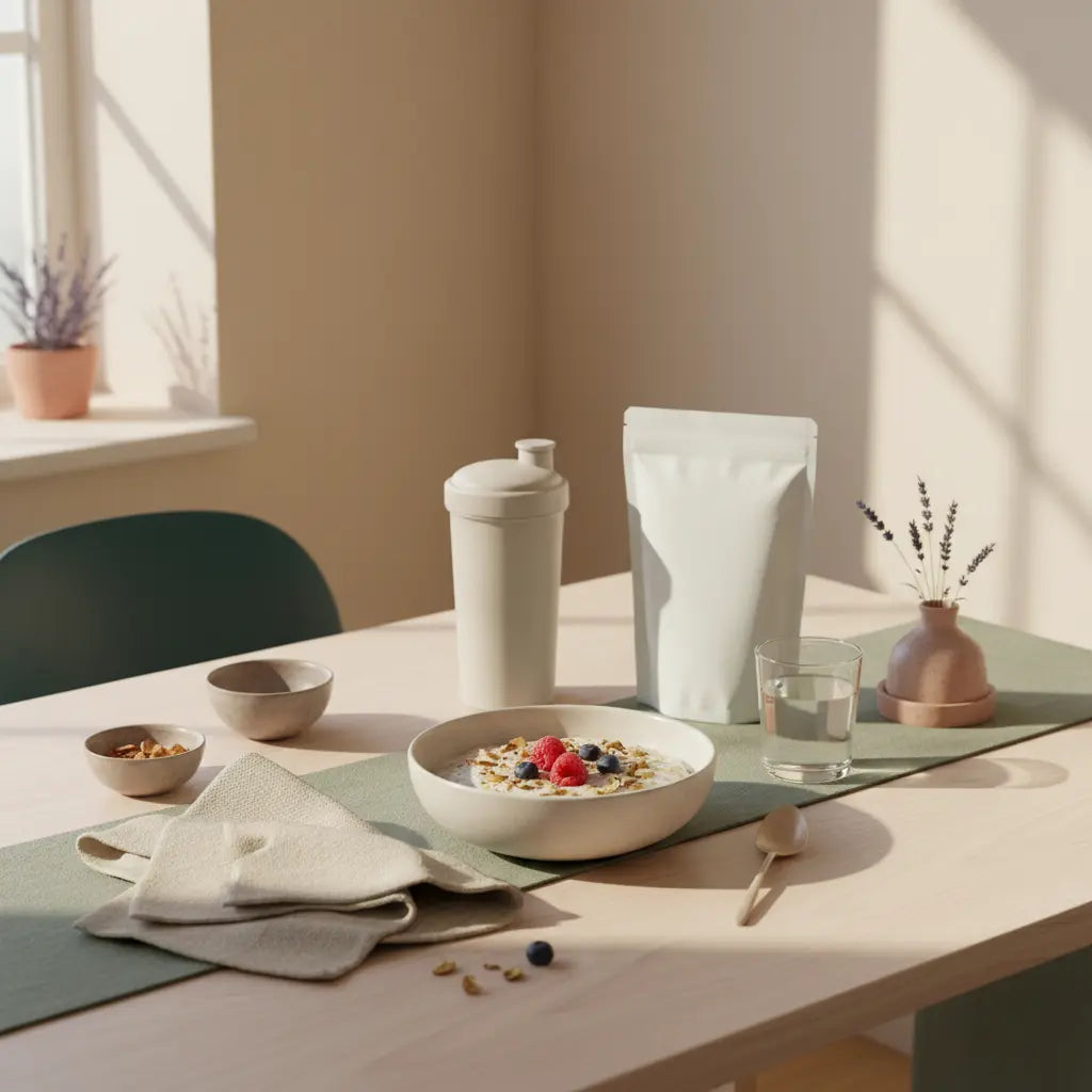 Veganes Frühstück auf nachhaltigem Holztisch mit Haferbrei, Nüssen, Beeren und neutralem Shaker in sanftem Morgenlicht; vegane ernährung abnehmen