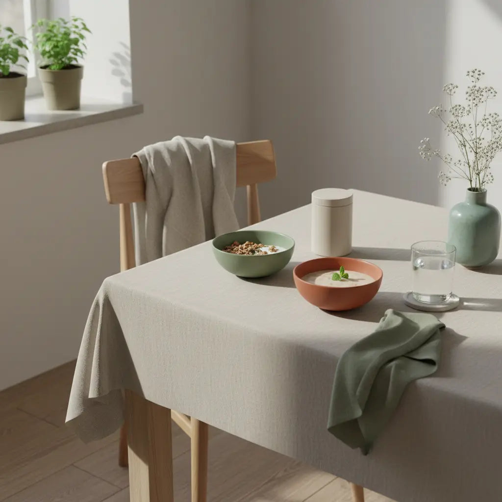 Minimalistisches Frühstück in einer europäischen Küche mit Granola, pflanzlichem Joghurt, Nüssen und Shake, dezente Produktplatzierung aus den Referenzfotos — vegane Profi-Bodybuilder