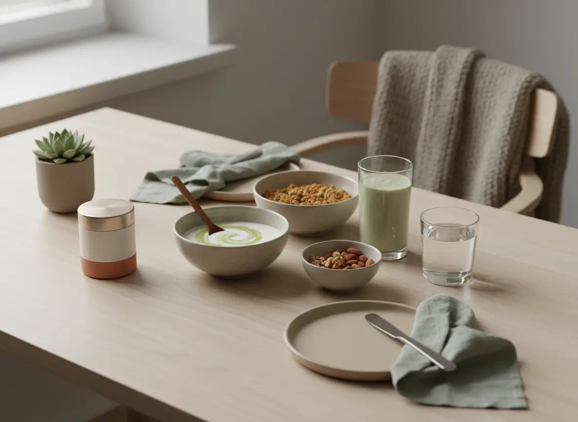 Minimalistisches Frühstück: Keramikschalen mit Granola, Joghurt und Nüssen, veganer Shake und Wasserglas auf Holztisch im sanften Morgenlicht – vegane proteinquellen