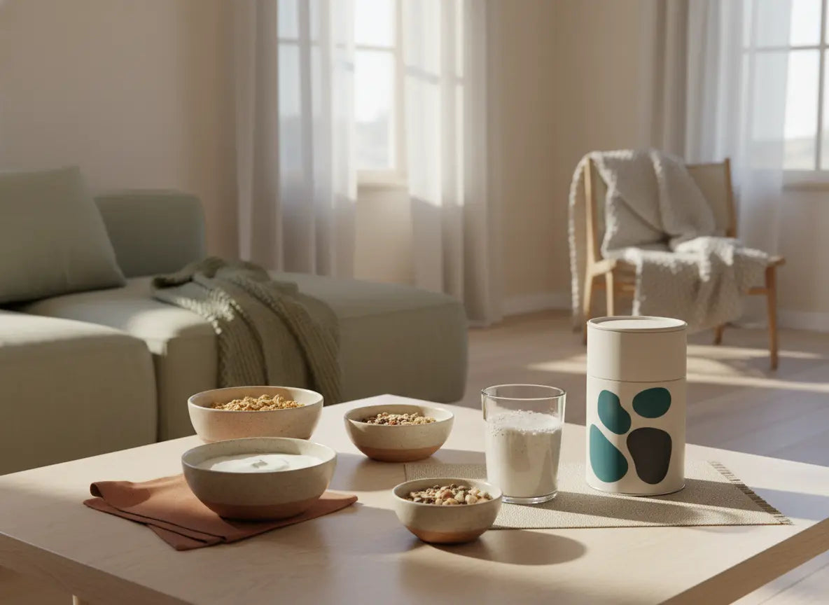 Minimalistisches Frühstück mit Granola, pflanzlichem Joghurt, Nüssen und Proteinshake in keramischen Schalen auf nachhaltigem Tisch in ruhiger Küche – vegane proteinquellen.