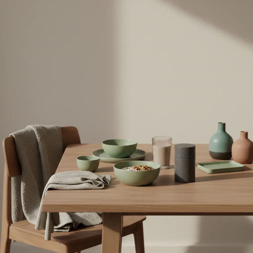 Minimalistisches Frühstück mit Granola, pflanzlichem Joghurt, Nüssen und Shake in einer europäischen Küche als Darstellung von veganen proteinquellen.