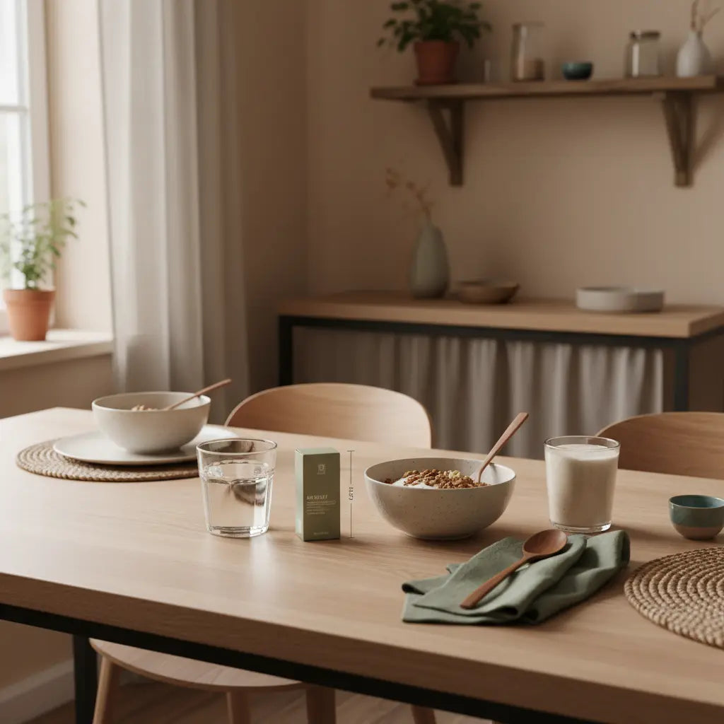 Minimalistisches Frühstück mit Granola, Joghurt, Nüssen und Shake neben dem Produkt — stilvolle Darstellung vegane proteinquellen in behaglicher Küchenatmosphäre.