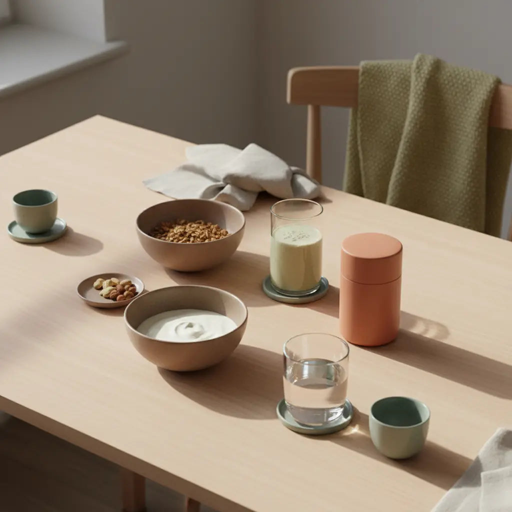 Minimalistisches Frühstück mit Granola, pflanzlichem Joghurt, Nüssen, Shake und Produkt aus den Referenzfotos im sanften Morgenlicht – vegane proteinquellen, ruhige, erdige Farbwelt.