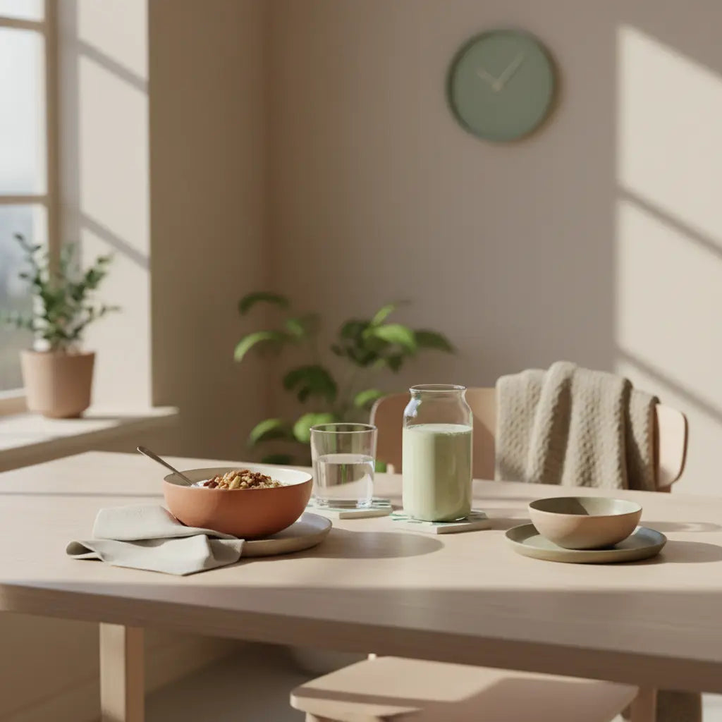 vegane proteinquellen liste: Minimalistische Frühstücksszene mit Granola‑Bowl, pflanzlichem Joghurt, Nüssen und Protein‑Shake auf nachhaltigem Tisch im warmen Morgenlicht.