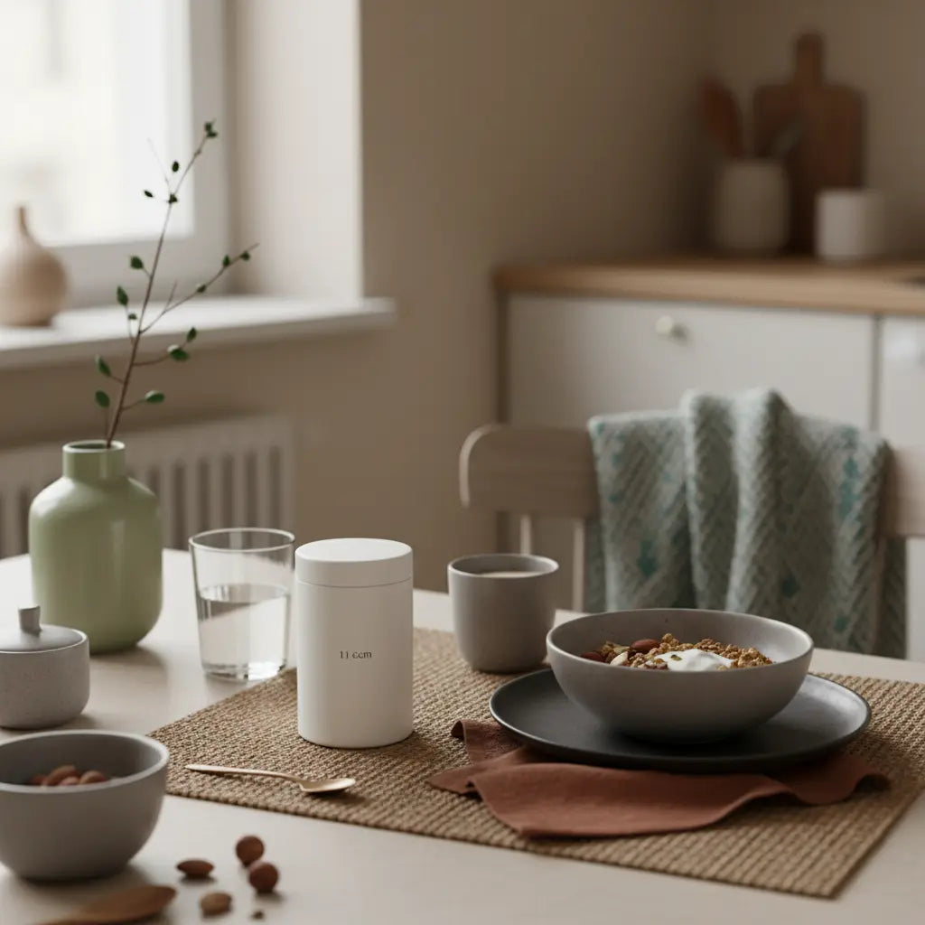 Minimalistisches Frühstück mit Granola, pflanzlichem Joghurt, Nüssen und Shake in europäischer Küche – nachhaltiges Setting für vegane proteinquellen muskeln