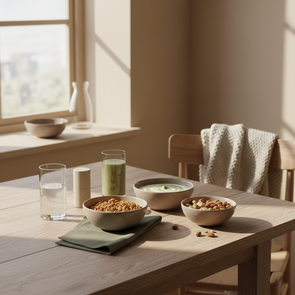 vegane regeneration: europäischer Frühstückstisch mit Granola, pflanzlichem Joghurt, Nüssen und Shake in minimalistischem Winter-Setting