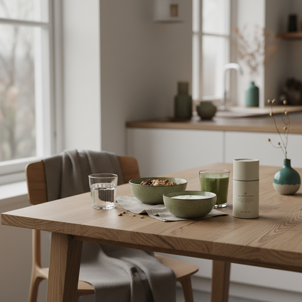 Minimalistische Morgenküche mit veganem Frühstück (Granola, Joghurt, Nüsse, Shake) und Produkt aus Referenzfotos – vegane supplements muskelaufbau, erdig-ruhige Markenfarben.