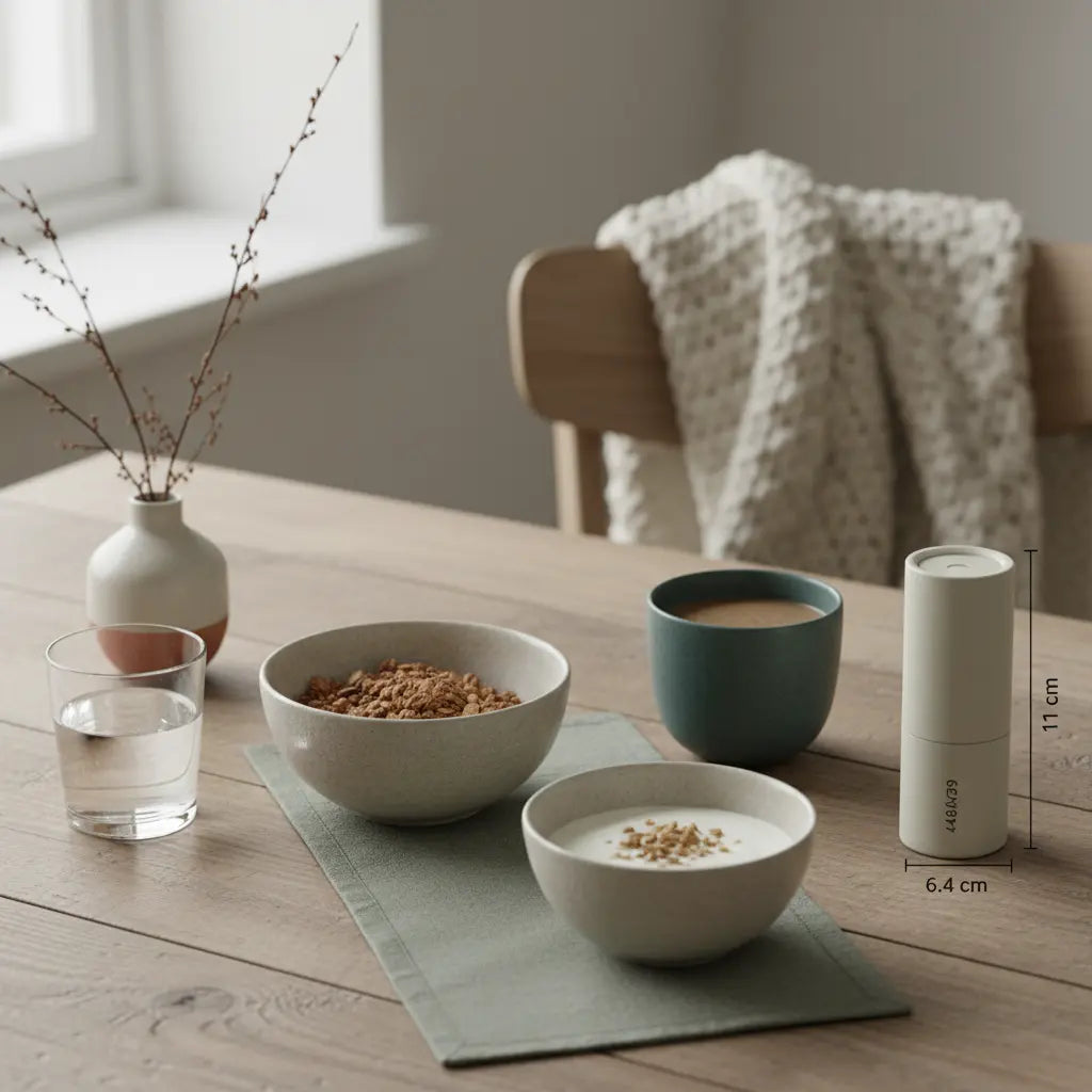 Minimalistisches Frühstück in europäischer Küche mit Granola, pflanzlichem Joghurt, Nüssen und Shake auf nachhaltigem Holztisch – Symbol für veganer Bodybuilder werden