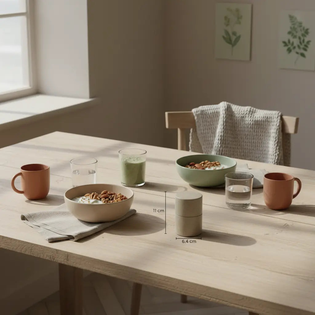 veganer bodybuilder werden: Frühstück in europäischer Küche mit Granola, Joghurt, Nüssen und Shake, nachhaltiges Geschirr und Referenzprodukt auf dem Tisch