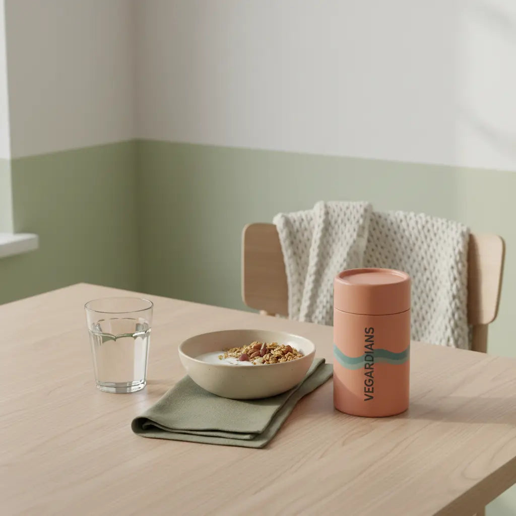 Minimalistisches Frühstück auf Holztisch mit Granola, pflanzlichem Joghurt, Nüssen, Proteinshake und veganer butterersatz in natürlicher Szene bei warmem Morgenlicht.