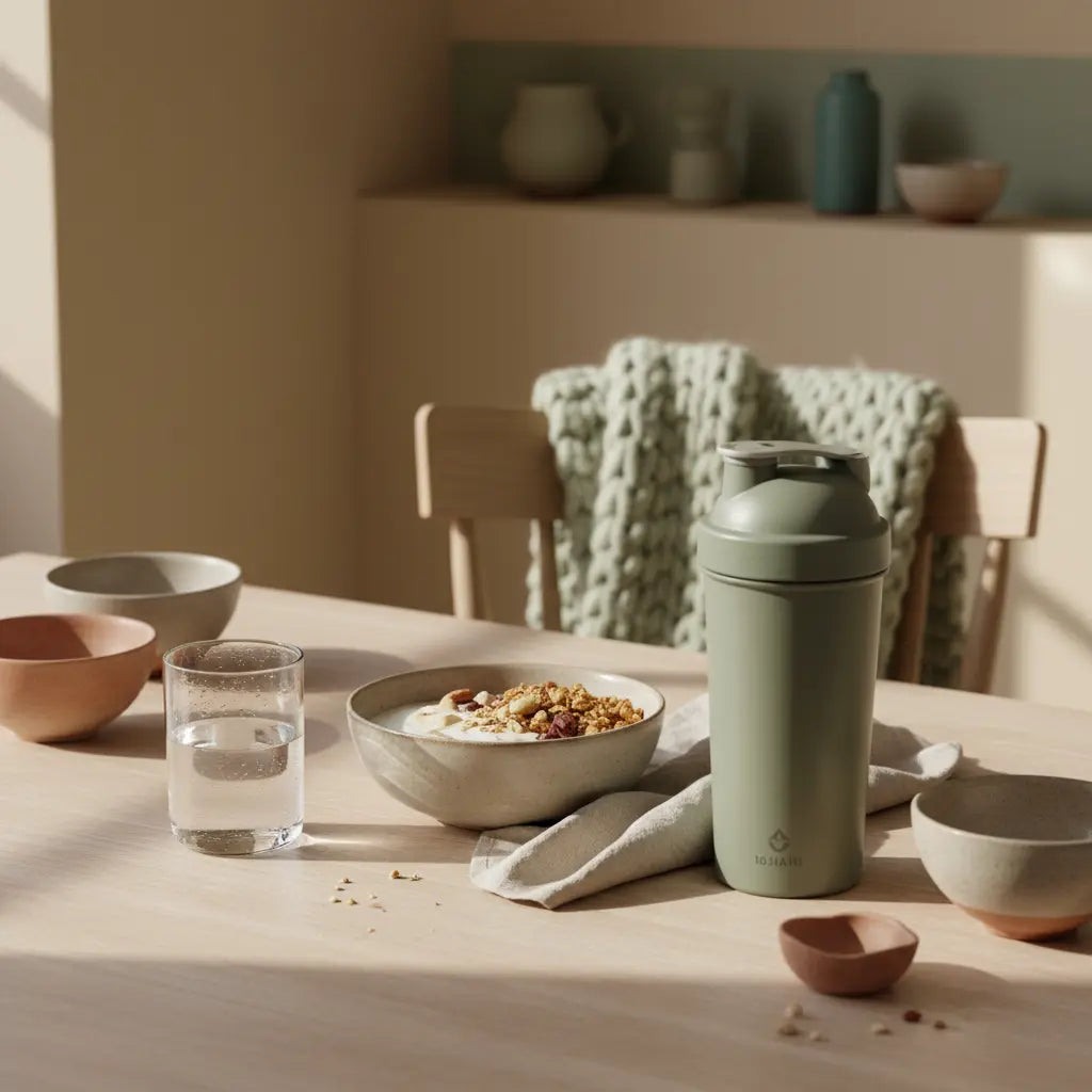 Minimalistische Morgen-Küchenszene mit Granola, veganem Joghurt, Shaker und Produkt auf dem Tisch – vegane Atmosphäre für veganer energy drink test