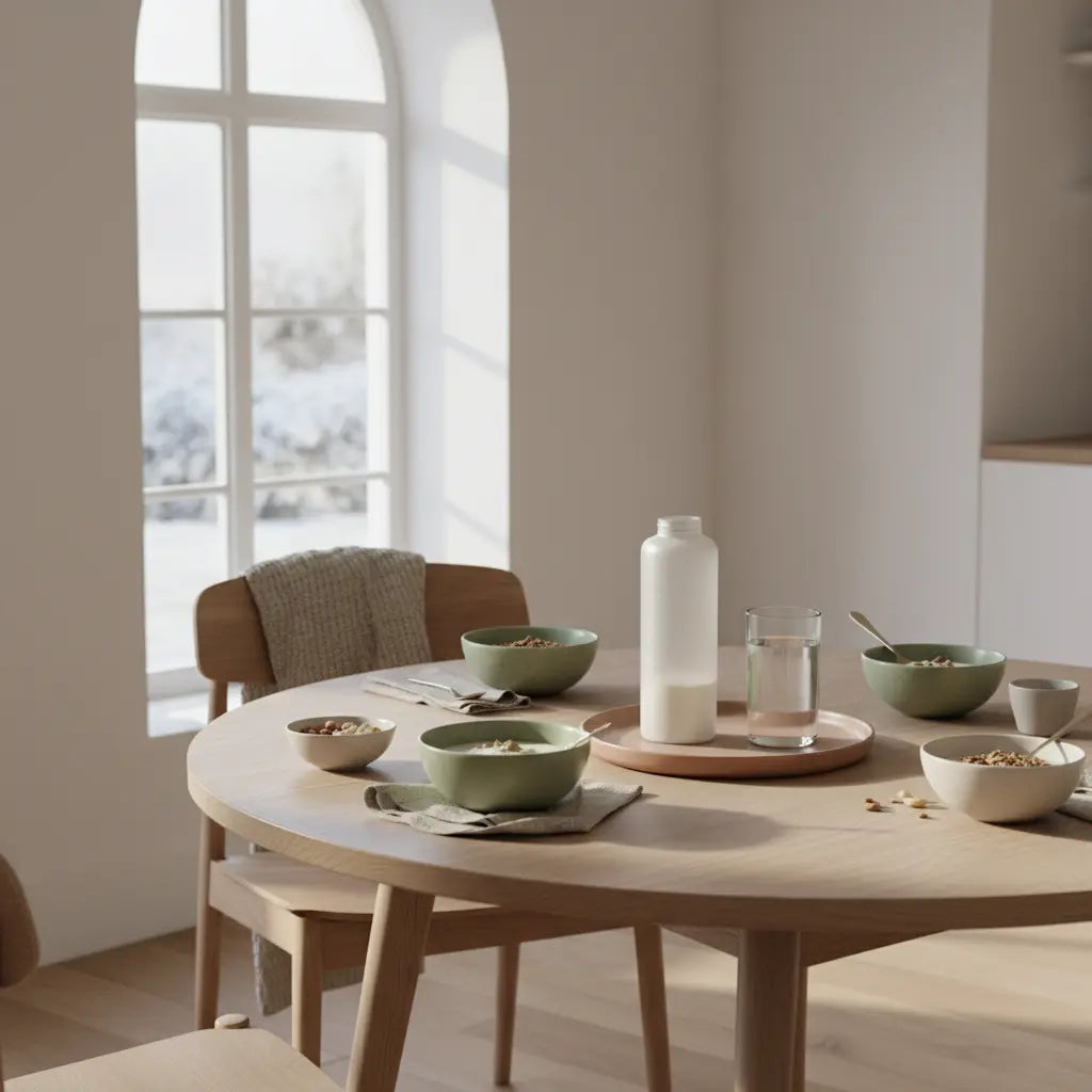 Minimalistisches Frühstücksbild für veganer muskelaufbau: Granola, pflanzlicher Joghurt, Nüsse, Shake und das Produkt aus den Referenzfotos in heller, ruhiger Küche.