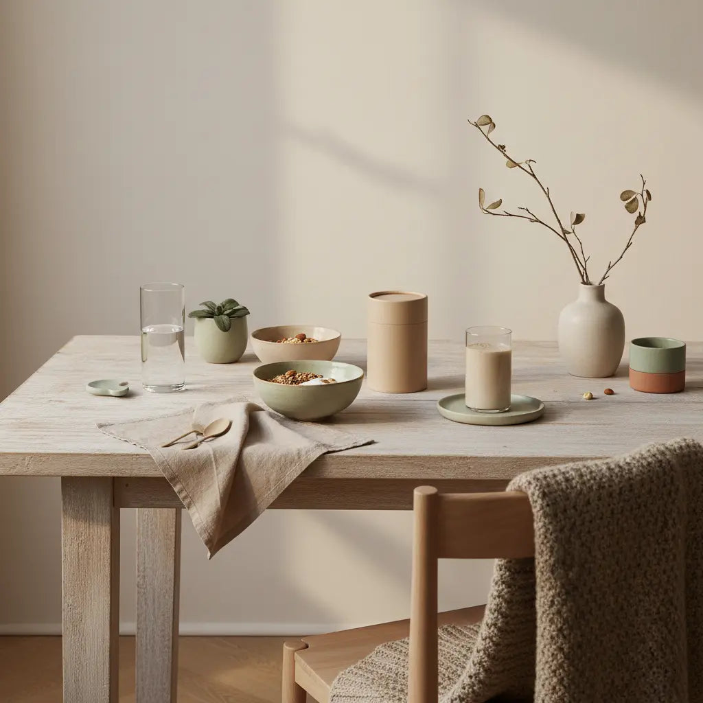 Veganer Muskelaufbau Frühstück: nachhaltiges, minimalistisches Tisch-Setting mit Granola, pflanzlichem Joghurt, Nüssen und Shake im Vegardians-Farbstil