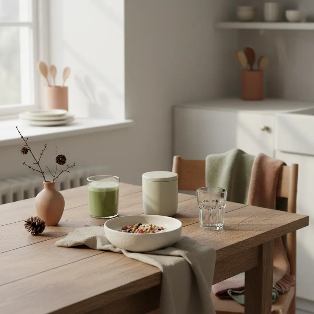 Minimalistisches Frühstück mit Granola, pflanzlichem Joghurt, Nüssen und Shake in einer europäischen Küche im Morgenlicht – vegane Szene zum veganer proteinbedarf