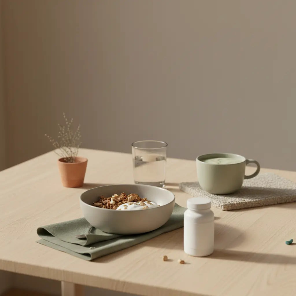 Veganes Eisen: ruhiges Frühstück in europäischer Küche mit Granola, Joghurt, Nüssen, Shake, Glas Wasser und dem Produkt aus Referenzfotos auf nachhaltigem Tisch.