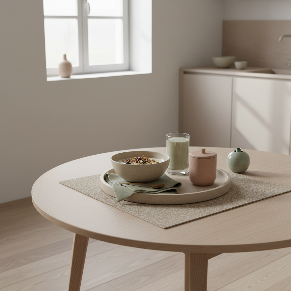 Veganes Frühstückstablett mit Granola, Pflanzenjoghurt, Nüssen und einem Shake in sanftem Morgenlicht auf hellem Holztisch — veganes Lebensmittel reich an Eisen