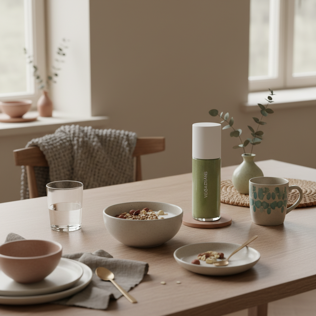 Minimalistisches Frühstück in europäischer Küche mit veganem Protein für Muskelaufbau: Granola, Joghurt, Nüsse und ein Shake auf nachhaltigem Tisch – veganes Protein Muskelaufbau.