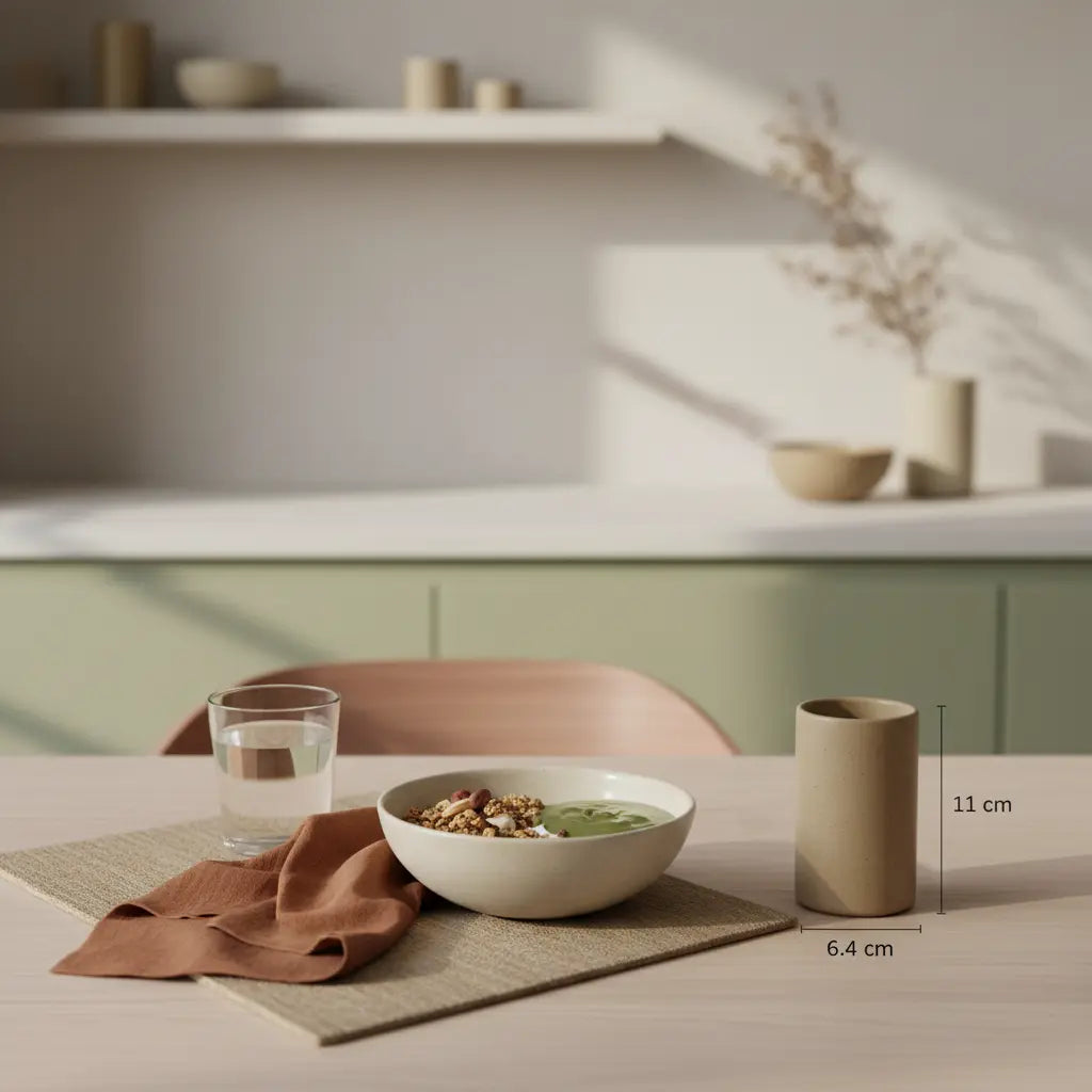 Veganer Frühstückstisch mit Granola, pflanzlichem Joghurt, Nüssen und Shake auf minimalistischem, nachhaltigem Setting im Morgenlicht — veganes Protein Muskeln aufbauen