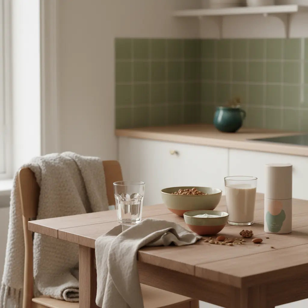 Veganer Frühstückstisch mit Granola, Pflanzendjoghurt, Nüssen, Shake, klarem Wasserglas und dem Produkt aus den Referenzfotos — veganes protein ohne bohnen