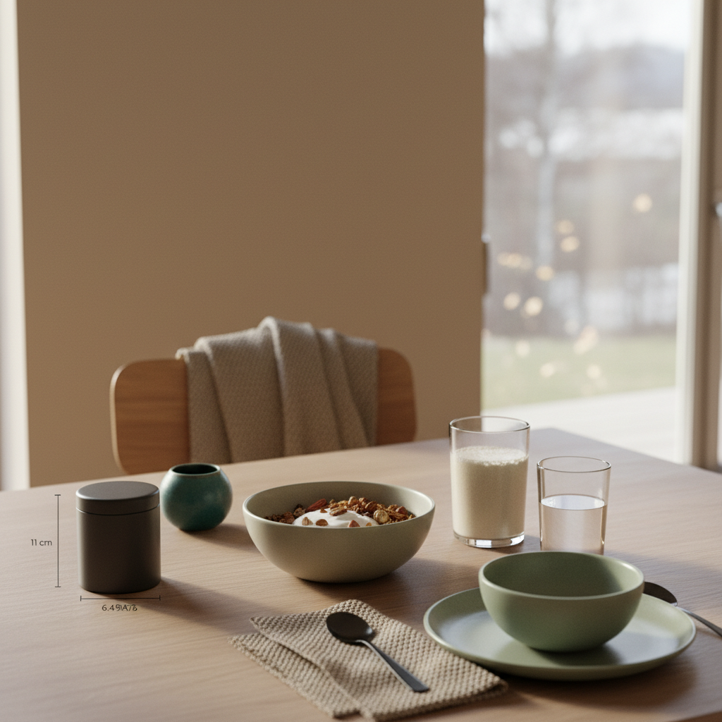 veganes tagesmenü: minimalistisches Frühstück mit Granola, veganem Joghurt, Nüssen und Shake auf nachhaltig gedecktem Tisch im sanften Morgenlicht