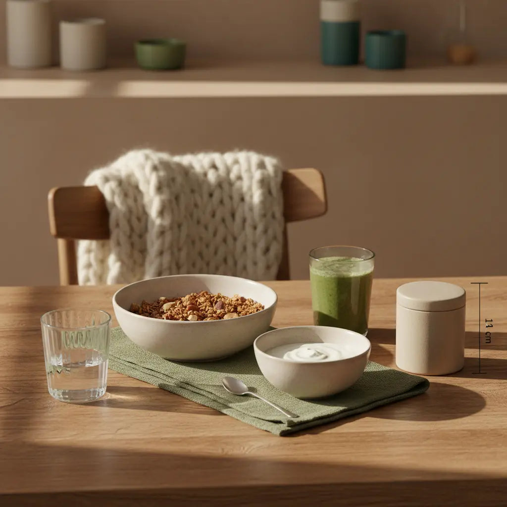 Vegardians Frühstück: minimalistisches veganes Granola mit pflanzlichem Joghurt, Nüssen und Shake auf nachhaltigem Tisch in sanftem Morgenlicht, beige-salbei-terrakotta Palette