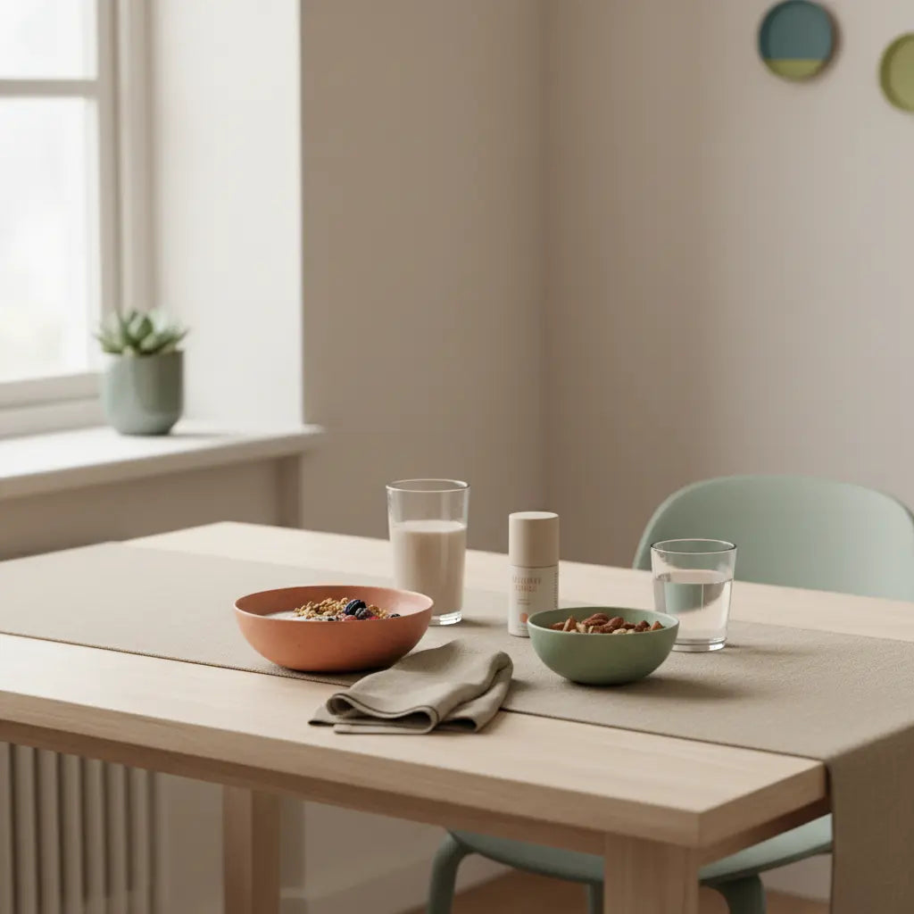 vegetarier hämoglobin erhöhen: minimalistisch gedeckter Frühstückstisch mit veganer Granola-Schüssel, Joghurtalternative, Nüssen, Shake und Produkt aus den Referenzfotos im warmen Morgenlicht