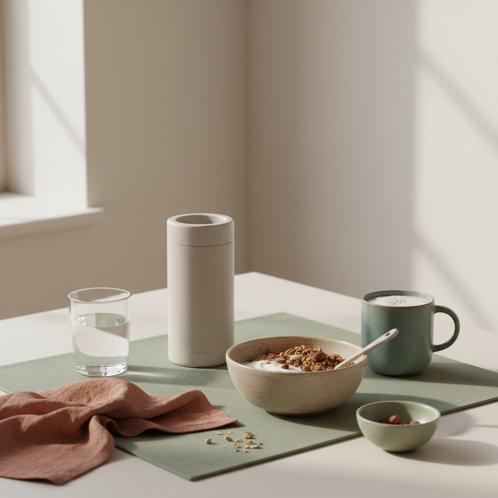 Minimalistisches Frühstück in europäischer Küche: Granola mit Joghurt, Nüssen und Protein-Shake neben Keramikschalen und Woll-/Leinen-Texturen — vegetarisch 100 g Eiweiß