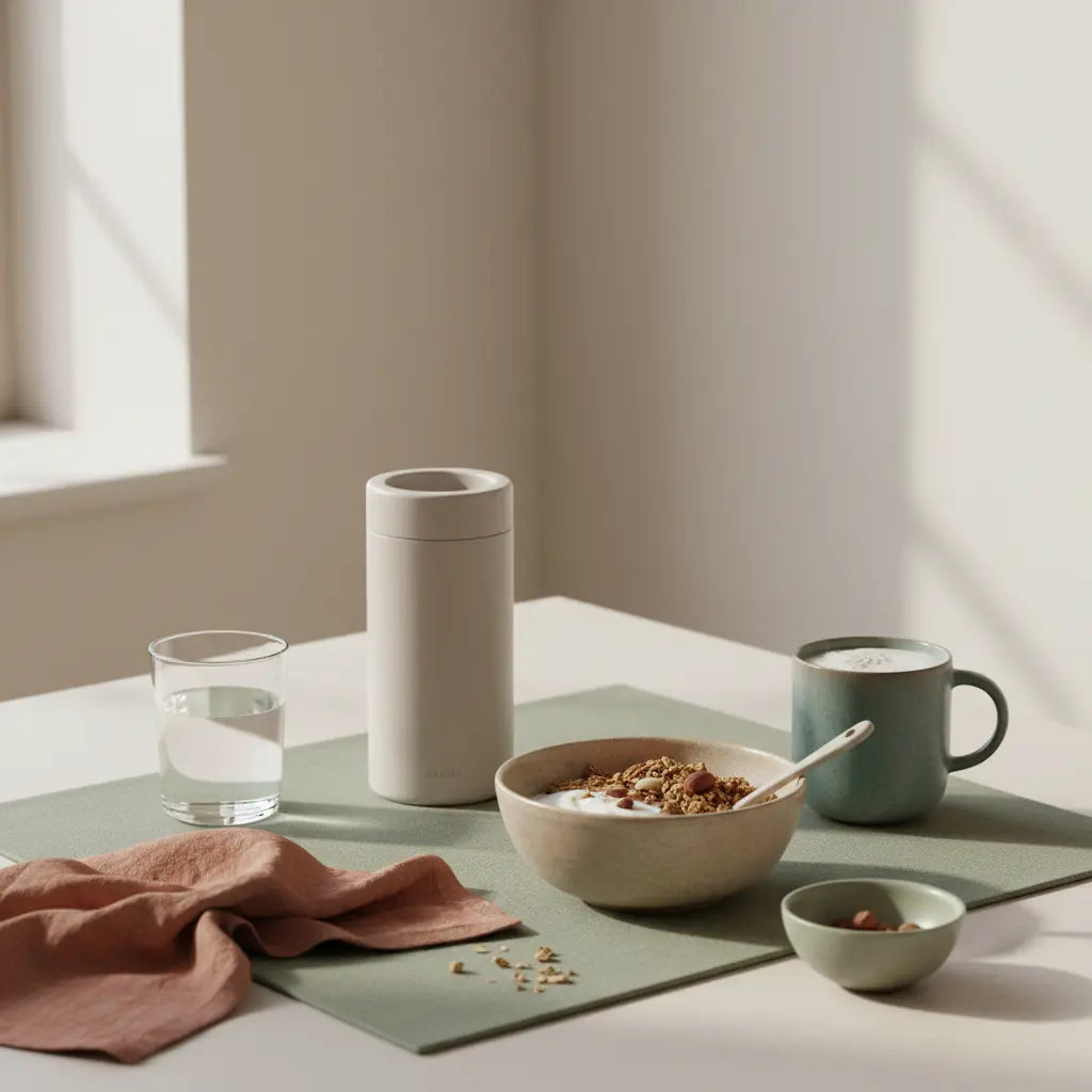 Minimalistisches Frühstück in europäischer Küche: Granola mit Joghurt, Nüssen und Protein-Shake neben Keramikschalen und Woll-/Leinen-Texturen — vegetarisch 100 g Eiweiß