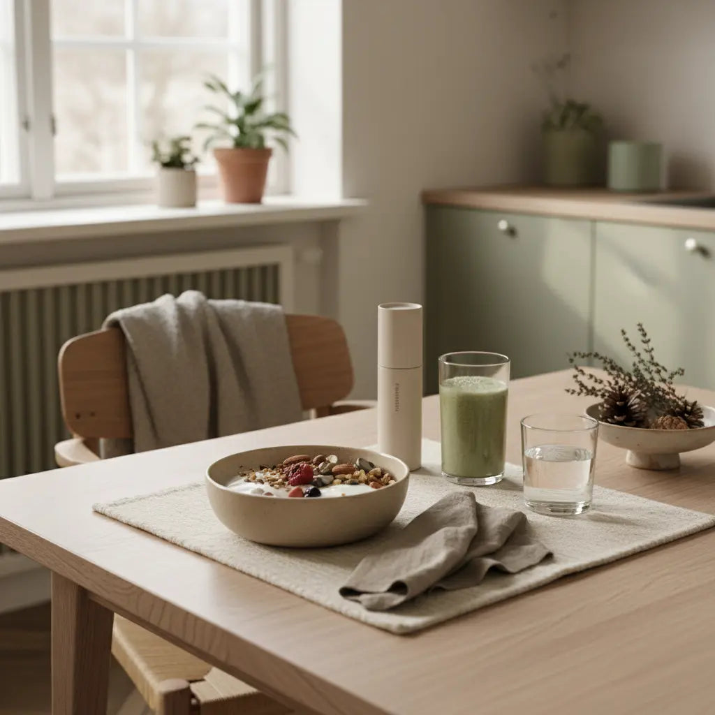 Minimalistisches Frühstück mit Granola, pflanzlichem Joghurt, Nüssen und Shake in einer europäischen Küche, Fokus auf vegetarische ernährung und nachhaltiges Design.