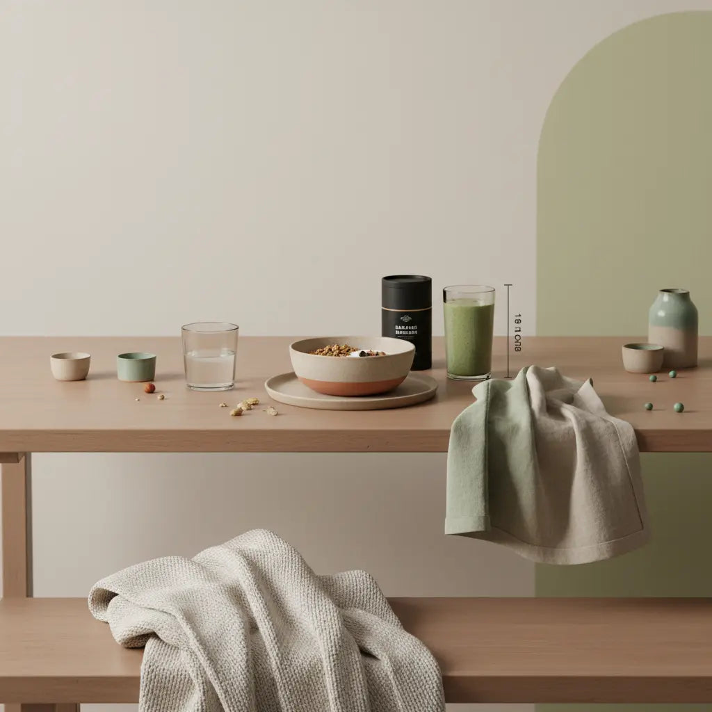 Minimalistisches Frühstück mit Granola, pflanzlichem Joghurt, Nüssen und Shake in europäischer Küche im Morgenlicht – vegetarische ernährung körper