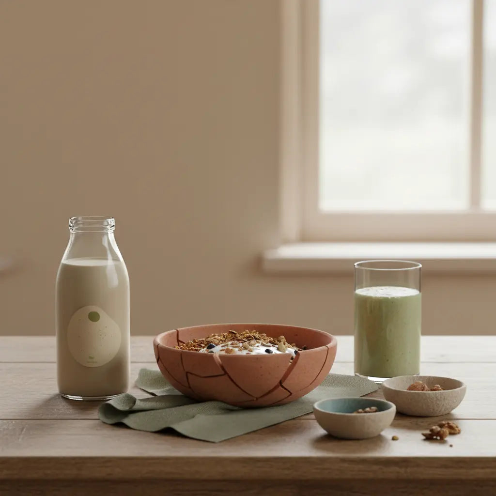 Minimalistisches Morgenfrühstück mit Granola, Joghurt, Nüssen und Proteinshake auf nachhaltigem Holztisch in heller Küche – vegetarische ernährung muskelaufbau