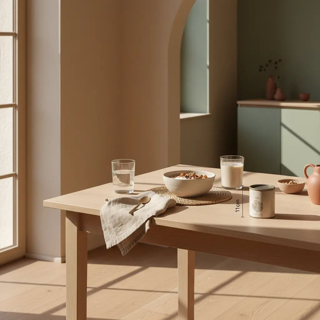 Sanftes Morgenlicht auf nachhaltig gedecktem Frühstückstisch mit Granola, pflanzlichem Joghurt, Nüssen und Proteinshake — vegetarische proteinquellen bodybuilding