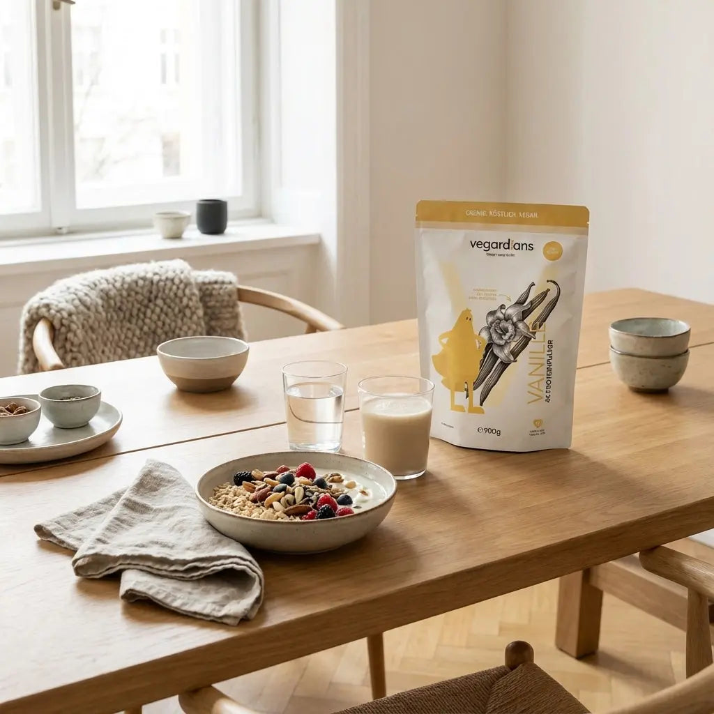 Vegetarischer muskelaufbau: Veganes proteinreiches Frühstück mit Hafer-Bowl, Sojajoghurt, Nüssen und Proteinshake auf nachhaltigem Holztisch im sanften Morgenlicht